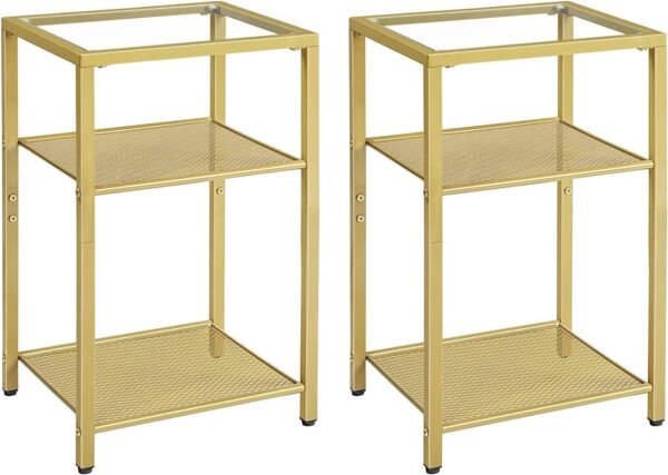 Side Tables Set of 2, 3-Tier Slim Nightstands with Storage Shelves, Modern End Tables, Tempered Glass Bedside Tables, for Living Room, Bedroom, Black BK77BZP201