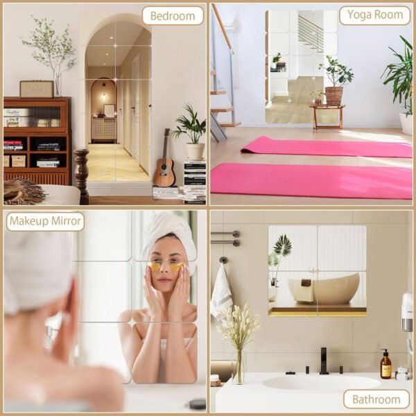 Self Adhesive Acrylic Mirror, Mirror Tiles,Flexible Plastic Mirror Sheets Wall Stickers,2MM Thick Mirror,Frameless Small Mirror, 4 Pack ( 8 x 8 Inches)