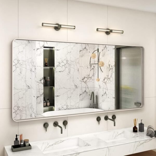71FoaU7YvhL._AC_SL1500.jpg 20x30 Silver Bathroom Mirror, Silver Wall Mirror for Vanity, Brushed Metal Framed Rectangle Mirror, Anti-Rust, Brushed Nickel,Shatterproof, Round Corners(Horizontally/Vertically)