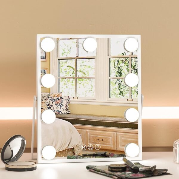 Hollywood Vanity Mirror with Lights, Vanity Makeup Mirror with 9 LED Bulbs, 3 Color Lighting Modes, U-Shaped Bracket, Smart Touch Control