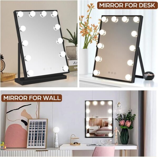 Vanity Mirror with Lights, Black Lighted Makeup Mirror with 12 LED Bulbs for Desk and Wall, Dimmable 3 Lighting Modes, 360-degree Rotating with USB-C and Charger (16”x12”)