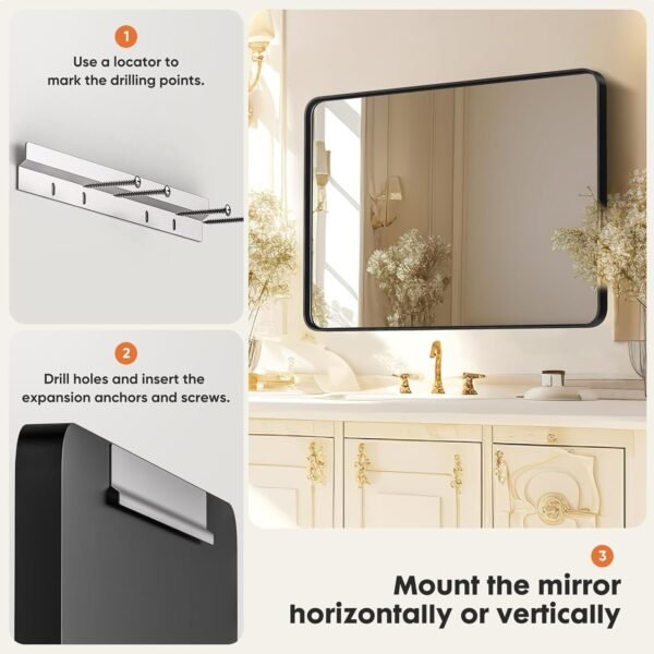 Black Bathroom Vanity Mirror for Wall, 22x30 Inch Metal Framed Wall Mirror Farmhouse Rectangle, Anti-Rust, Tempered Glass, Hangs Horizontally or Vertically
