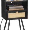 Nightstand with Charging Station, Side Table with Rattan-Like Decor Drawer, Rattan End Table with Open Storage, Bedside Table for Bedroom, Study Room, Black BB92UBZ01