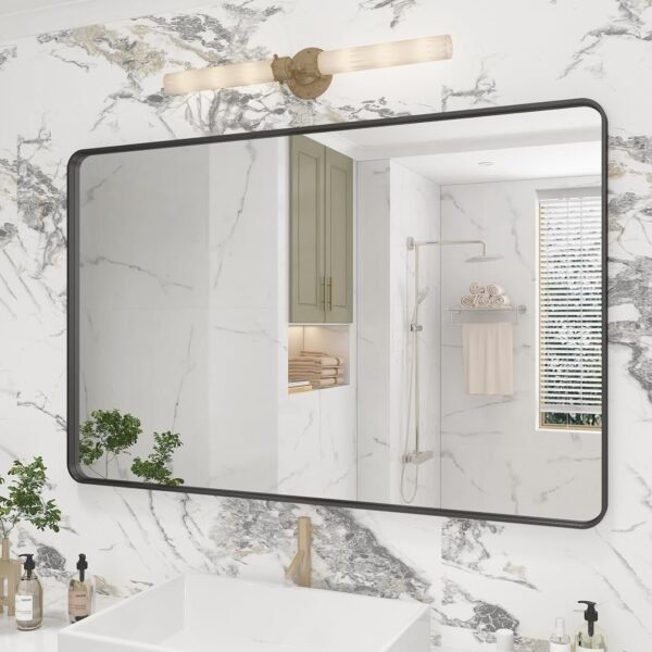 71KFoMNKfcL._AC_SL1500.jpg 20x30 Silver Bathroom Mirror, Silver Wall Mirror for Vanity, Brushed Metal Framed Rectangle Mirror, Anti-Rust, Brushed Nickel,Shatterproof, Round Corners(Horizontally/Vertically)