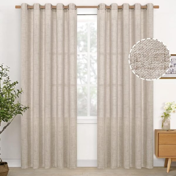 Natural Linen Curtains 63 Inch Length 2 Panels Bronze Grommet Linen Textured Short Window Drapes Light Filtering for Living Room Bedroom, 52 X 63 Inch
