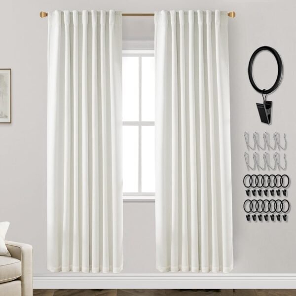 108 Inch Long Blackout Curtains & Drapes for Track System Pleated with Hooks Rings 2 Panels Set,Linen Black Out Back Tab 9FT Ceiling to Floor Length Curtains for Living Room,Cream Ivory