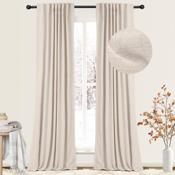 100% Blackout Curtains for Bedroom, Thermal Insulated Linen Blackout Curtains 96 Inch Length 2 Panels Set, Back Tab/Rod Pocket Room Darkening Curtains for Bedroom, Nursery -Oatmeal,W50 X L96