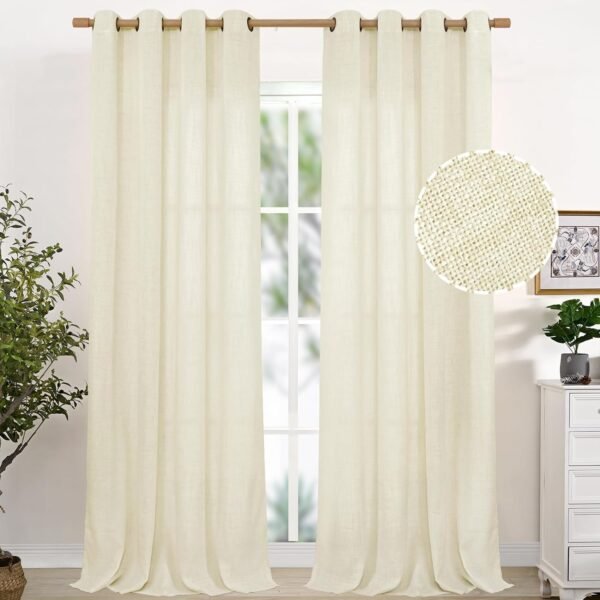 Natural Linen Curtains 63 Inch Length 2 Panels Bronze Grommet Linen Textured Short Window Drapes Light Filtering for Living Room Bedroom, 52 X 63 Inch