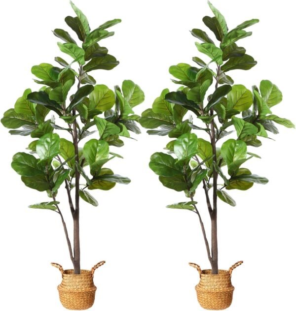 Artificial Fiddle Leaf Fig Tree 37" Fake Potted Ficus Lyrata Plant with Handmade Seagrass Basket, Perfect Faux Plants Home Décor for Indoor Outdoor Office Porch Balcony Bedroom Bathroom Gift