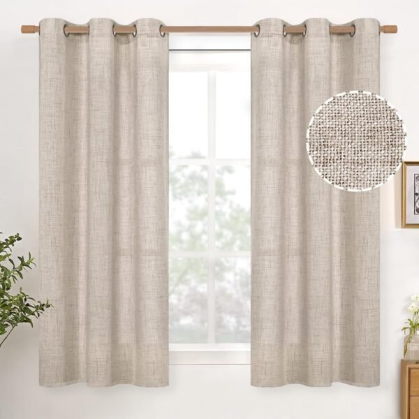 Natural Linen Curtains 63 Inch Length 2 Panels Bronze Grommet Linen Textured Short Window Drapes Light Filtering for Living Room Bedroom, 52 X 63 Inch