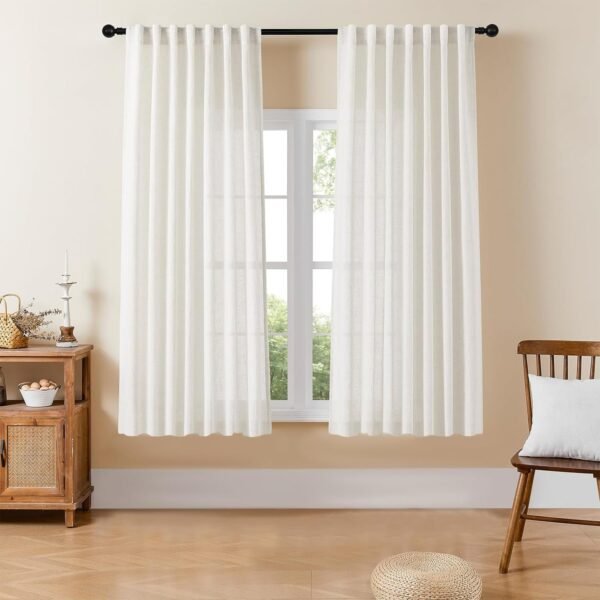 Linen Curtains for Living Room,Semi-Sheer Curtains 90 Inches Long,Living Room Curtains 2 Panel Sets,White Curtains Pinch Pleated Curtains & Drapes(W52 x L90 Inch, Off-White)