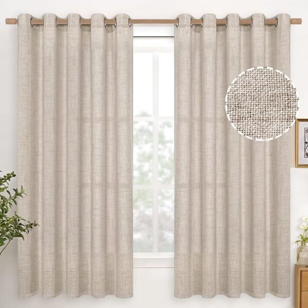 Natural Linen Curtains 63 Inch Length 2 Panels Bronze Grommet Linen Textured Short Window Drapes Light Filtering for Living Room Bedroom, 52 X 63 Inch