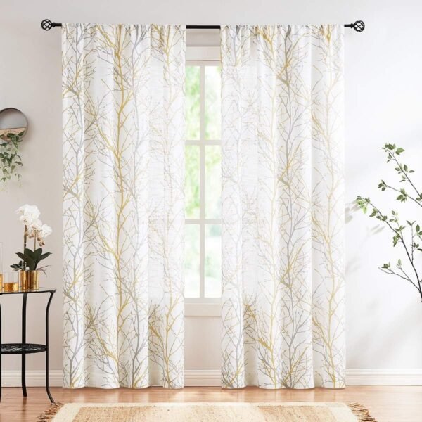 Tree Print Yellow Grey and White Curtains for Living Room Windows - Linen Textured Grommet Branches Pattern Window Treatment Set for Bedroom - 50" W x 96" L - (2 Panels)