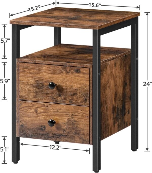 Nightstand, Bedside Table with 2 Drawers and Storage Shelves, Side End Table, Sofa Table for Living Room, Bedroom, Accent Furniture, Easy Assembly, Rustic Brown and Black BF43BZ01G2