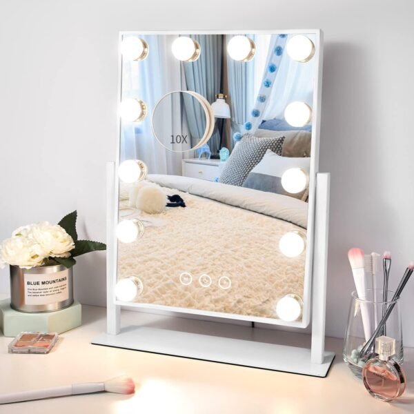 Vanity Mirror with Lights, Makeup Mirror with Lights,3 Color Lighting Modes Detachable 10X Magnification Mirror Touch Control,360°Rotation, White.