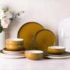 Ceramic Dinnerware Sets, 12 Pieces Amber Yellow Stoneware Dinnerware Set, Plates and Bowls Sets, Dishwasher & Microwave Safe | Service for 4