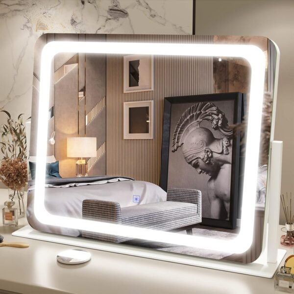 Vanity Mirror with Lights - 15"x12.6" LED Lighted Makeup Mirror, Large Makeup Mirror with Lights, Touch Screen with 3-Color Lighting, Dimmable, for Vanity Desk Tabletop, Bedroom