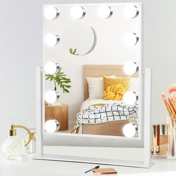 Lighted Vanity Makeup Mirror with Lights Hollywood Cosmetic Mirror with 9 Dimmable LED Bulbs for Dressing Room Tabletop, 3 Color Lighting, Detachable 10X Magnification Mirror, White