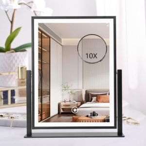 Lighted Vanity Mirror Fashion Makeup Mirror 12in Black for Desktop with Detachable,10x Magnifying,360° Rotation,Adjustable Warm White/Natural/Daylight Dimmable Light Memory,Birthday Gift for Woman