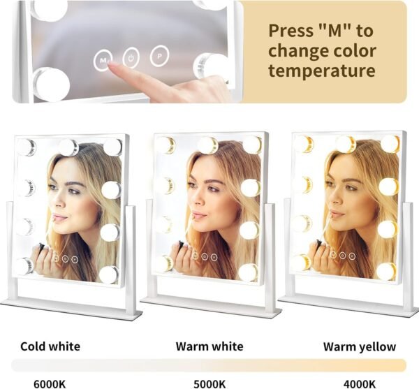 Vanity Mirror with Lights, Makeup Mirror with Lights,3 Color Lighting Modes Detachable 10X Magnification Mirror Touch Control,360°Rotation, White.