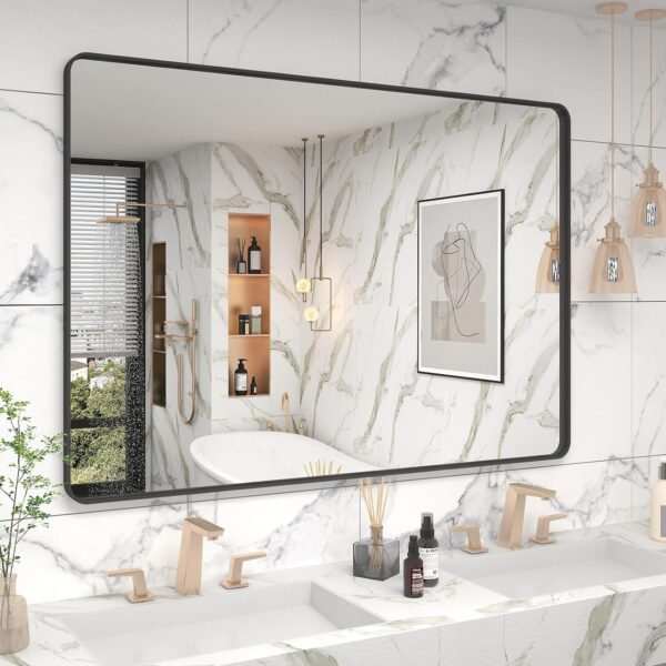 71cJ0zgs_5L._AC_SL1500.jpg 20x30 Silver Bathroom Mirror, Silver Wall Mirror for Vanity, Brushed Metal Framed Rectangle Mirror, Anti-Rust, Brushed Nickel,Shatterproof, Round Corners(Horizontally/Vertically)