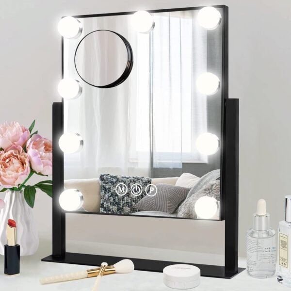 Lighted Vanity Makeup Mirror with Lights Hollywood Cosmetic Mirror with 9 Dimmable LED Bulbs for Dressing Room Tabletop, 3 Color Lighting, Detachable 10X Magnification Mirror, White