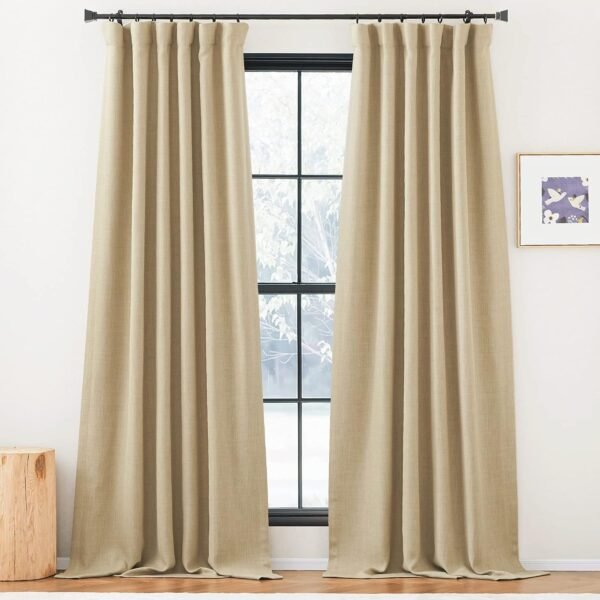 Faux Linen Curtains 90 inches Long for Doorway, Pinch Pleated Thick Room Darkening Window Treatments Noise Reducing Privacy for Living Room/Bedroom, Natural, W34 x L90, 2 Panels