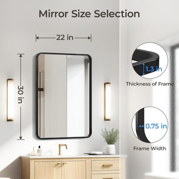 Black Bathroom Mirror 22 x 30 Inch, Matte Black Rectangle Mirror for Wall, Rounded Metal Frame Vanity Mirror