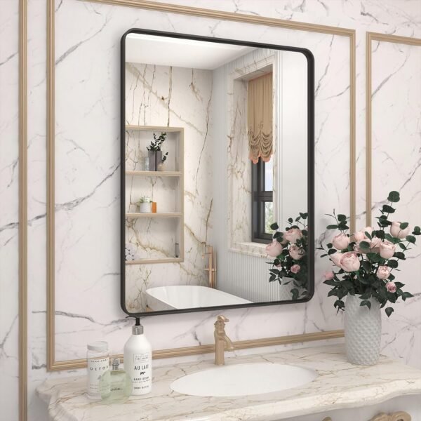 71mIowKJd_L._AC_SL1500.jpg 20x30 Silver Bathroom Mirror, Silver Wall Mirror for Vanity, Brushed Metal Framed Rectangle Mirror, Anti-Rust, Brushed Nickel,Shatterproof, Round Corners(Horizontally/Vertically)