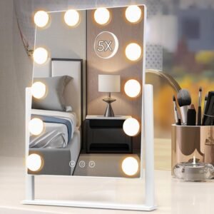 71mJ8loE5GL._AC_SL1500.jpg Vanity Mirror with Lights, Makeup Mirror with Lights Lighted Makeup Mirror with 3 Color Lighting Modes and 12 Dimmable Bulbs, Detachable 5X Magnification, Smart Touch Control, 360°Rotation, White