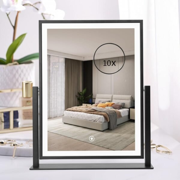 Lighted Vanity Mirror Fashion Makeup Mirror 12in Black for Desktop with Detachable,10x Magnifying,360° Rotation,Adjustable Warm White/Natural/Daylight Dimmable Light Memory,Birthday Gift for Woman