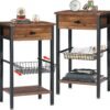 Tall Side End Table,Nightstands Shelf Storage Organizer with Versatile Metal Basket for Telephone Entryway/Living Room/Bedroom/Kitchen,31" H, 1 Set, Rustic Brown