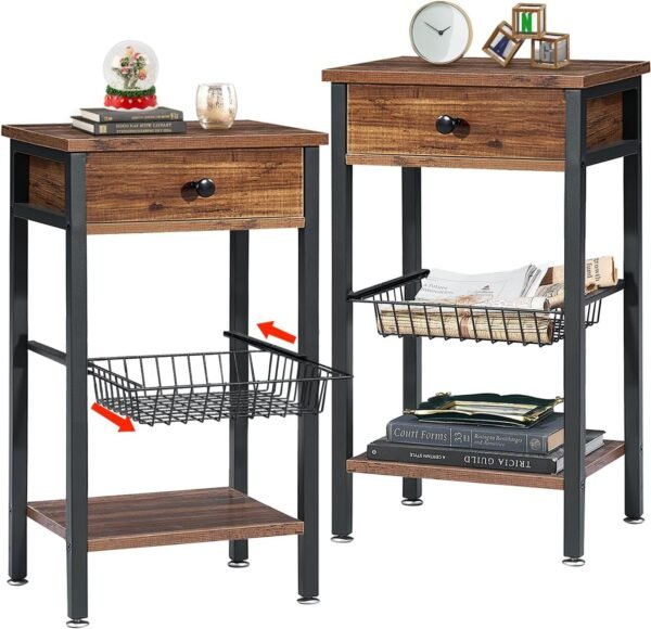 Tall Side End Table,Nightstands Shelf Storage Organizer with Versatile Metal Basket for Telephone Entryway/Living Room/Bedroom/Kitchen,31" H, 1 Set, Rustic Brown
