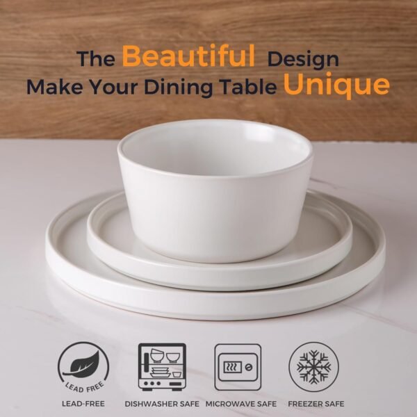 Ceramic Dinnerware Sets of 4, Modern Flat Stoneware Plates and Bowls Sets,Chip and Crack Resistant | Dishwasher & Microwave Safe Dishes Set,Scratch Resistant- Service for 4 (12pc)-Matte White