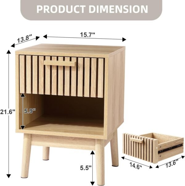 Boho Nightstand, Small Side Table Night Stand with Drawer Open Shelf, Bedside End Table with Wood Strip Decorated Drawer for Bedroom, Living Room, Dorm and Small Spaces (Natural)