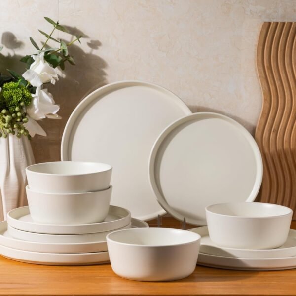 Ceramic Dinnerware Sets of 4, Modern Flat Stoneware Plates and Bowls Sets,Chip and Crack Resistant | Dishwasher & Microwave Safe Dishes Set,Scratch Resistant- Service for 4 (12pc)-Matte White