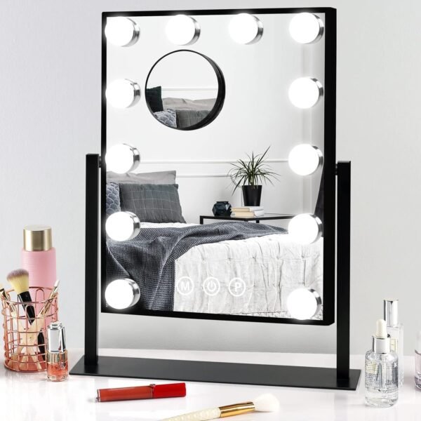 Lighted Vanity Makeup Mirror with Lights Hollywood Cosmetic Mirror with 9 Dimmable LED Bulbs for Dressing Room Tabletop, 3 Color Lighting, Detachable 10X Magnification Mirror, White