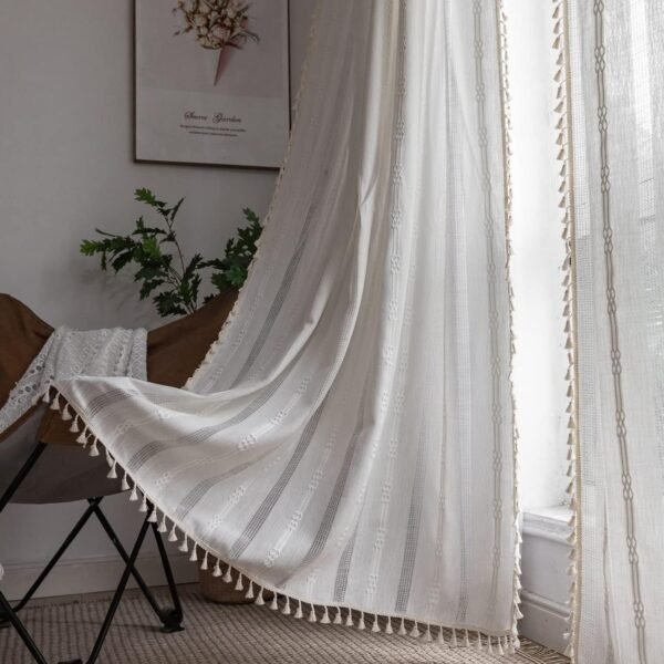 Boho Curtains Semi-Blackout Window Curtains 84 Inch 2 Pannels for Living Room, Linen Tassels Farmhouse Curtains with Embroidery for Bedroom Rod Pocket Draperies 52" W x 84" L,Off White