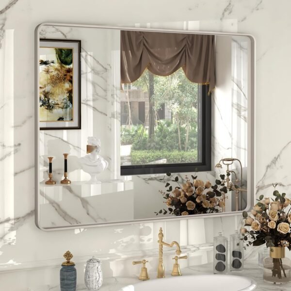 71wgk33XLOL._AC_SL1500.jpg 20x30 Silver Bathroom Mirror, Silver Wall Mirror for Vanity, Brushed Metal Framed Rectangle Mirror, Anti-Rust, Brushed Nickel,Shatterproof, Round Corners(Horizontally/Vertically)