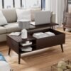 Wood Lift Top Coffee Table with Hidden Compartment, Storage Shelf and Metal Frame, Modern Center Table for Home Living Room Office (Deep Brown)