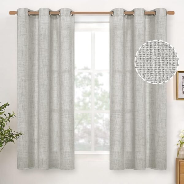 Natural Linen Curtains 63 Inch Length 2 Panels Bronze Grommet Linen Textured Short Window Drapes Light Filtering for Living Room Bedroom, 52 X 63 Inch