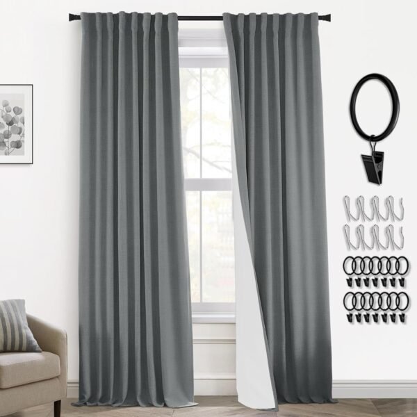 108 Inch Long Blackout Curtains & Drapes for Track System Pleated with Hooks Rings 2 Panels Set,Linen Black Out Back Tab 9FT Ceiling to Floor Length Curtains for Living Room,Cream Ivory