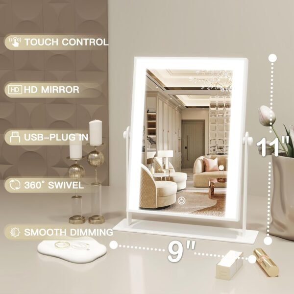 Lighted Makeup Mirror with Light, 9"x11" Vanity Mirror with Lights, Portable Tabletop Cosmetic Make Up Mirror, Smart Touch Control, Dual Power Supply, 360°Rotation