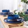 81-VKCVPAmL._AC_SL1500.jpg Stoneware Dinnerware Sets for 4, 12 Pieces Handpainted Plates and Bowls Set with Wavy Rim, Chip and Scratch Resistant Dishes set, Dishwasher & Microwave Safe, Royal Blue