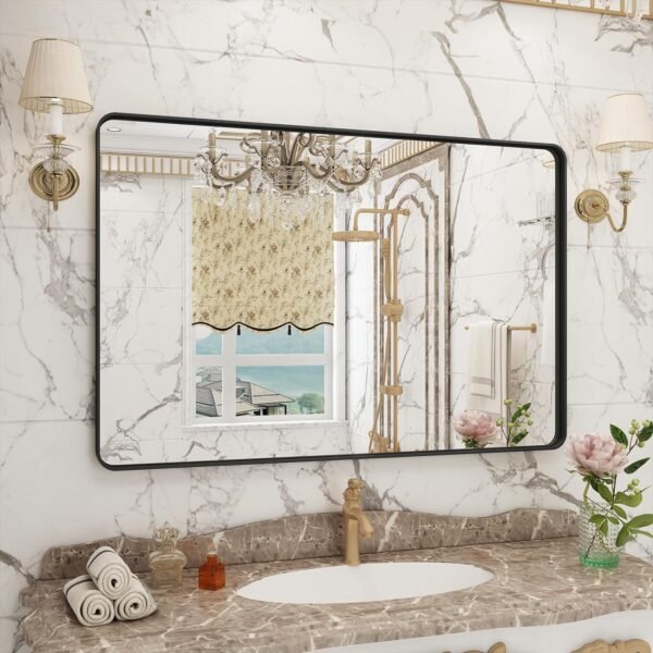 81-XzM26_rL._AC_SL1500.jpg 20x30 Silver Bathroom Mirror, Silver Wall Mirror for Vanity, Brushed Metal Framed Rectangle Mirror, Anti-Rust, Brushed Nickel,Shatterproof, Round Corners(Horizontally/Vertically)