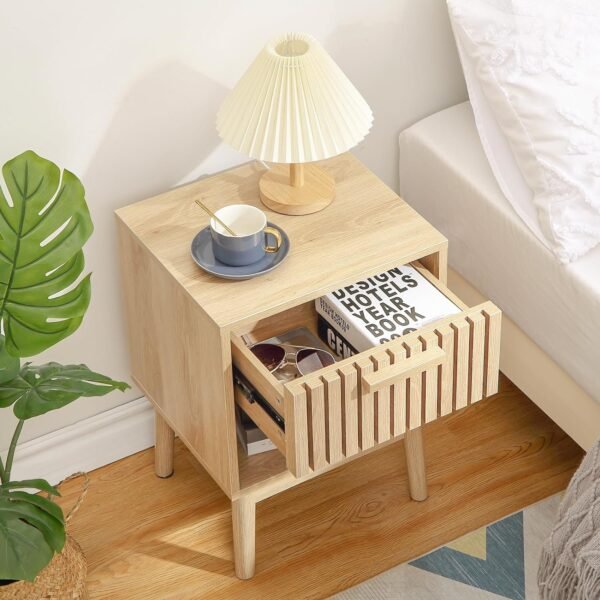 Boho Nightstand, Small Side Table Night Stand with Drawer Open Shelf, Bedside End Table with Wood Strip Decorated Drawer for Bedroom, Living Room, Dorm and Small Spaces (Natural)