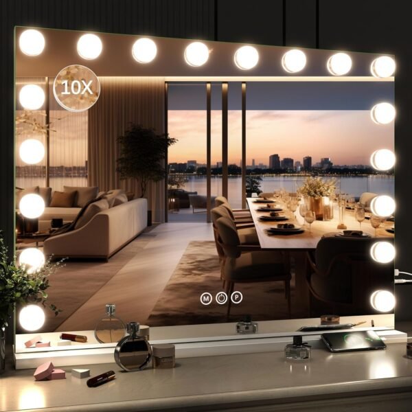 Lighted Makeup Mirror with Light, 9"x11" Vanity Mirror with Lights, Portable Tabletop Cosmetic Make Up Mirror, Smart Touch Control, Dual Power Supply, 360°Rotation