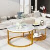 Marble Coffee Table, Faux Marble Top Rectangular Coffee Table with Gold Metal Frame, 2 Tier Living Room Table for Living Room, Office, Balcony, 40 Inch, White and Gold