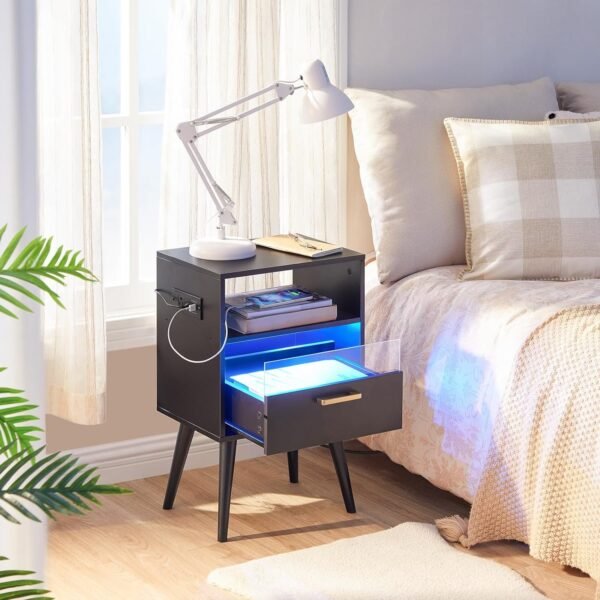 Nightstand with Charging Station and LED Lights, Night Stands with Drawer, End Bedside Table with USB Ports & Outlets, Side Table for Bedroom, LED Nightstands, for Bedroom, Black BB01UDBZ01