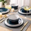 Ceramic Dinnerware Sets for 4,12 -Piece Double Color Stoneware Plates and Bowls Set,Chip and Crack Resistant | Dishwasher & Microwave Safe Dishes Set,Service for 4 -White &Blue